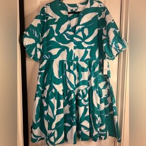 NEW Chico’s Teal Leaf Floral Print Tiered Balloon Sleeve Beach Dress 16 XL NWT